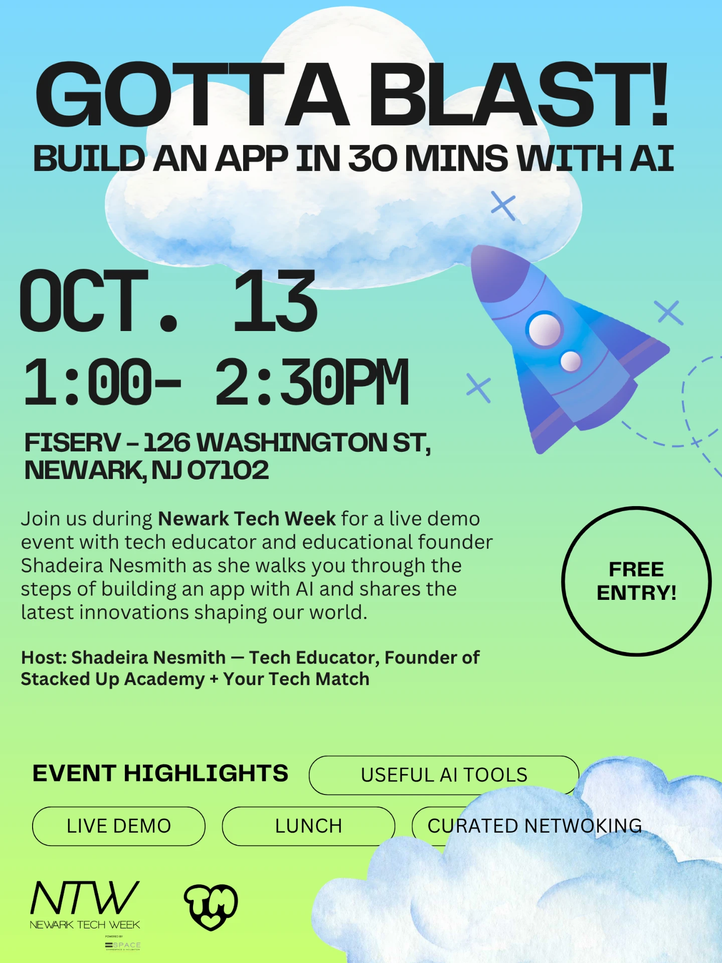 Gotta Blast! Build an App in 30 Mins with AI — Newark Tech Week event flyer