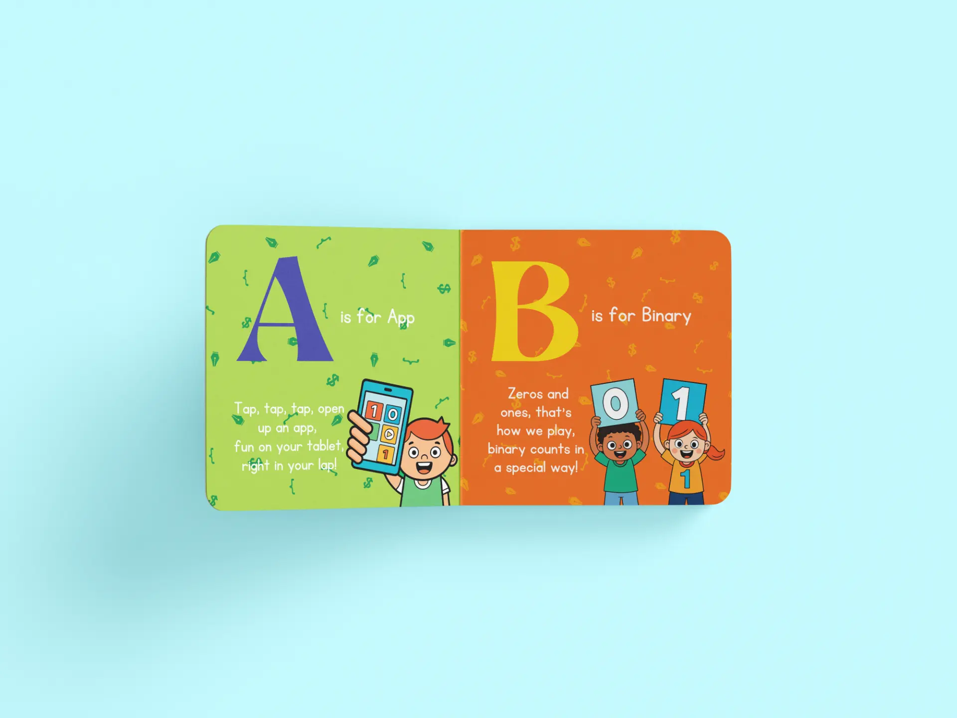 Open spread of the ABC Code children's book showing A is for App and B is for Binary